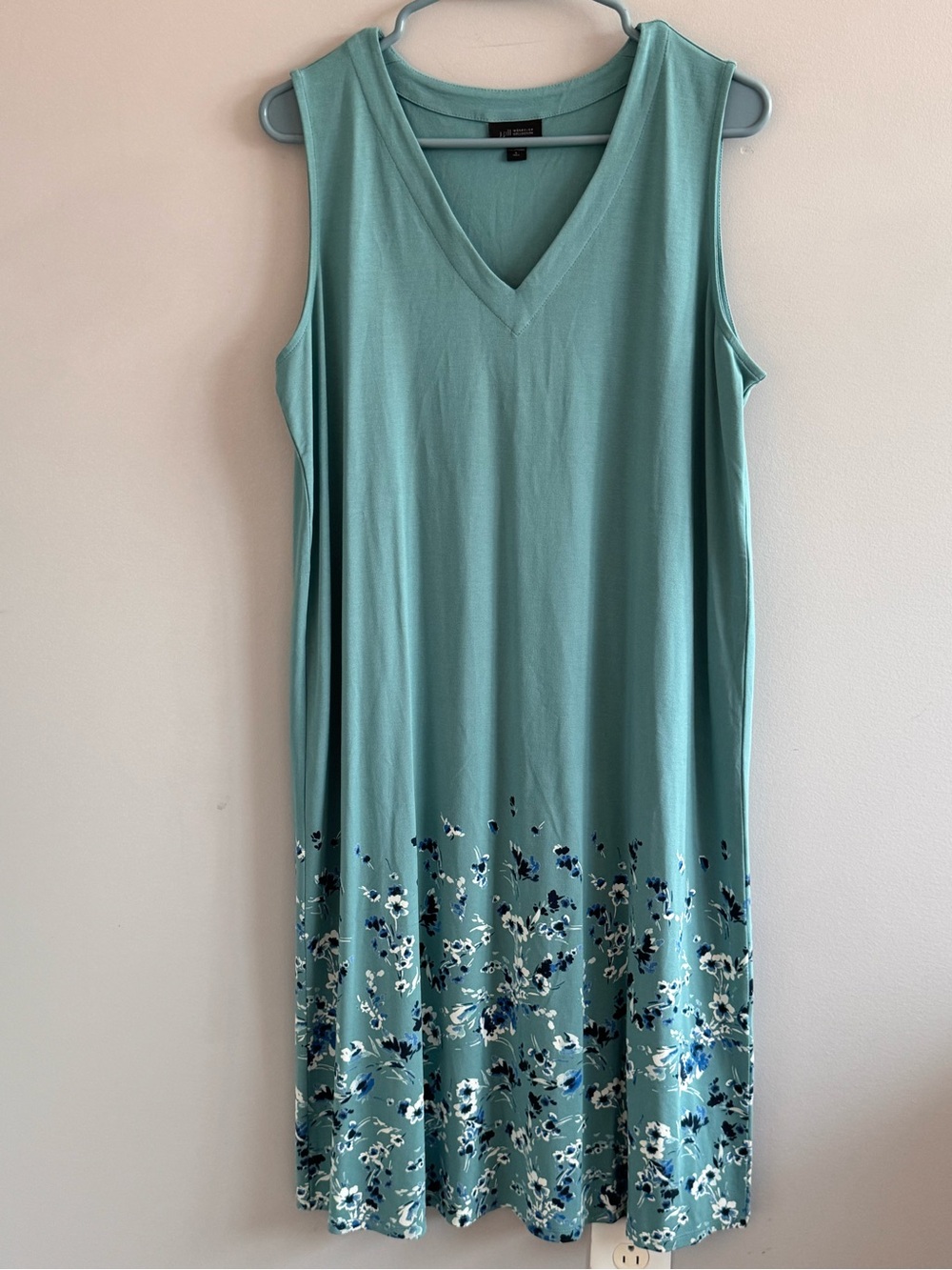 J. Jill Wearever Floral Border V-Neck Dress Large Tall Blue Rayon NWOT